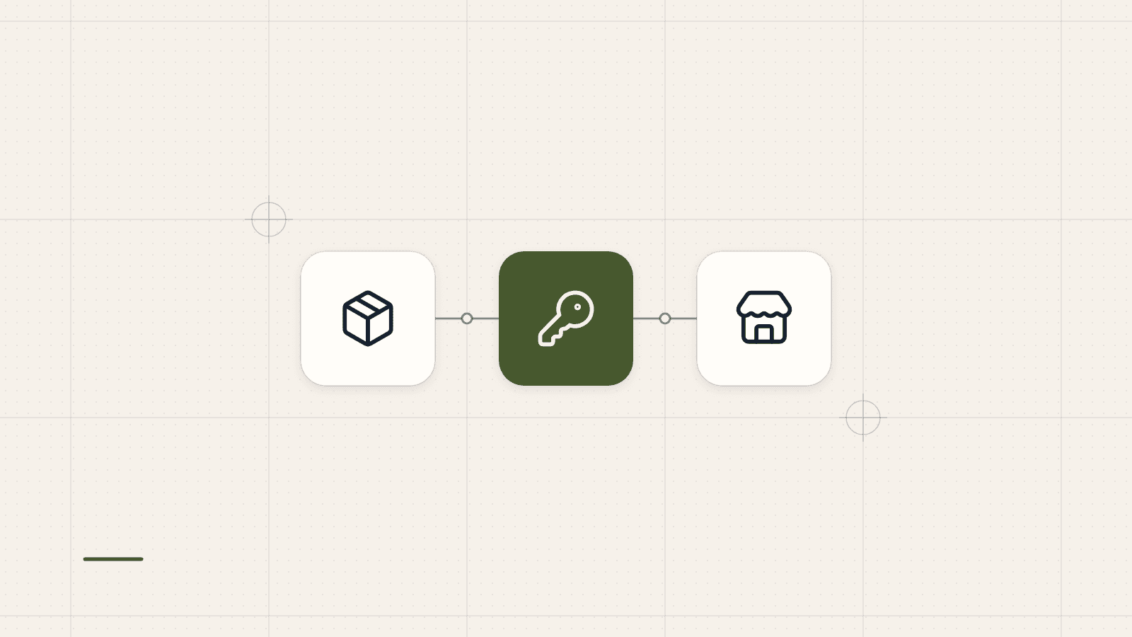 Illustration: a row of three tiles joined in order, a parcel box, then a key, then a shop, with a key highlighted in olive.