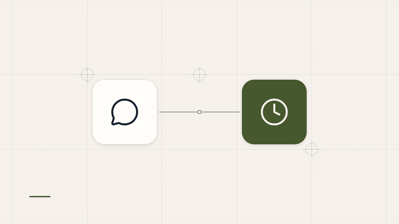 Illustration: two tiles joined by a line, a chat bubble and a clock, with a clock highlighted in olive.