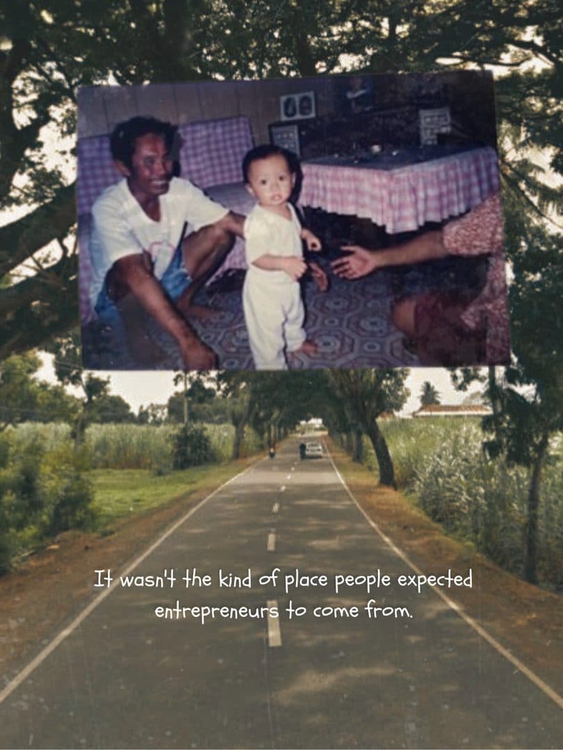 A tree-lined road out of Manjuyod, with a snapshot of Godfrey as a baby with his father laid over it