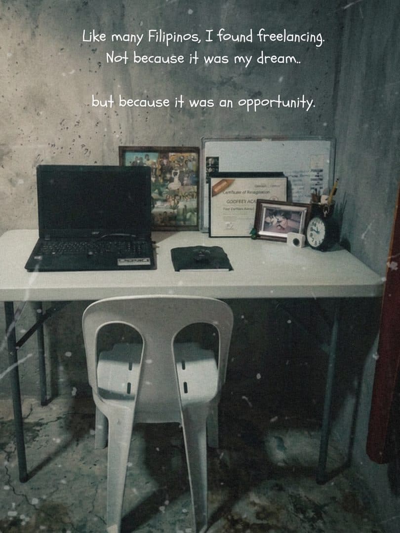 The first freelancing desk: a folding table, a plastic chair, a laptop and a framed certificate