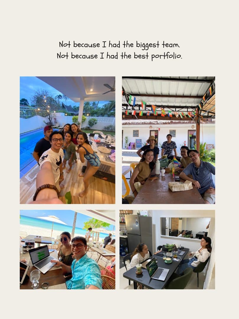 A grid of team photos: a pool, a cafe, a beach workspace and an office