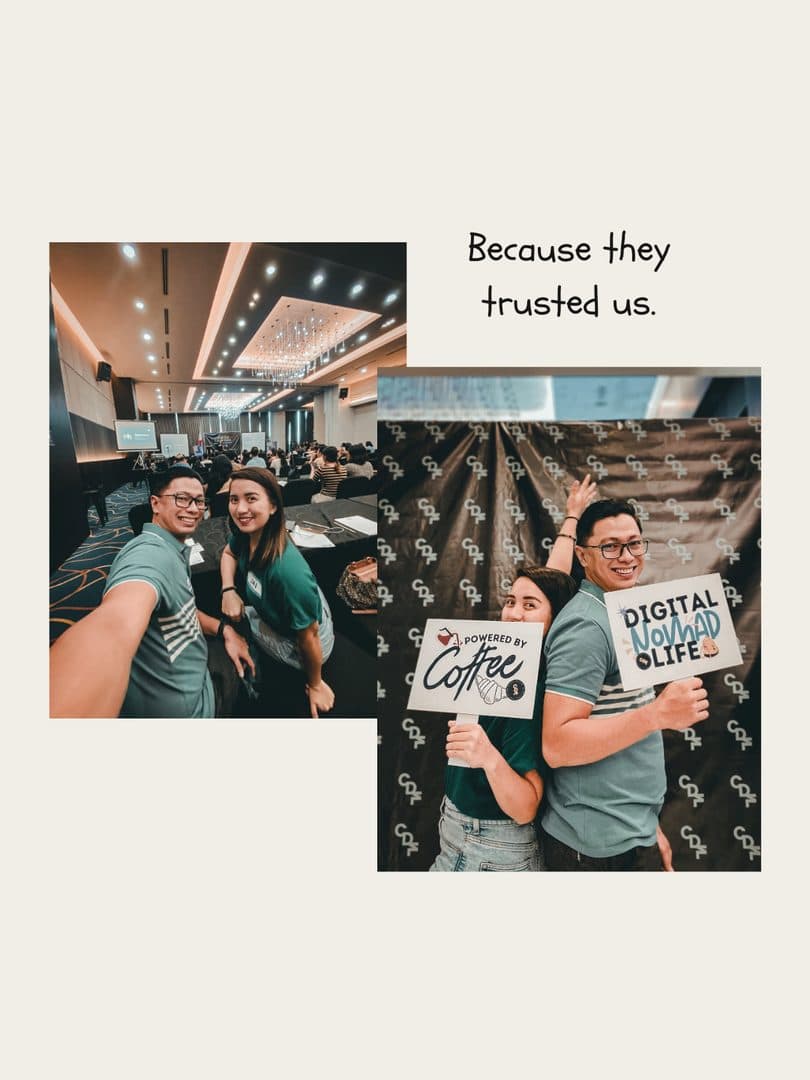 Godfrey and Justin at a conference and in front of a digital nomad backdrop