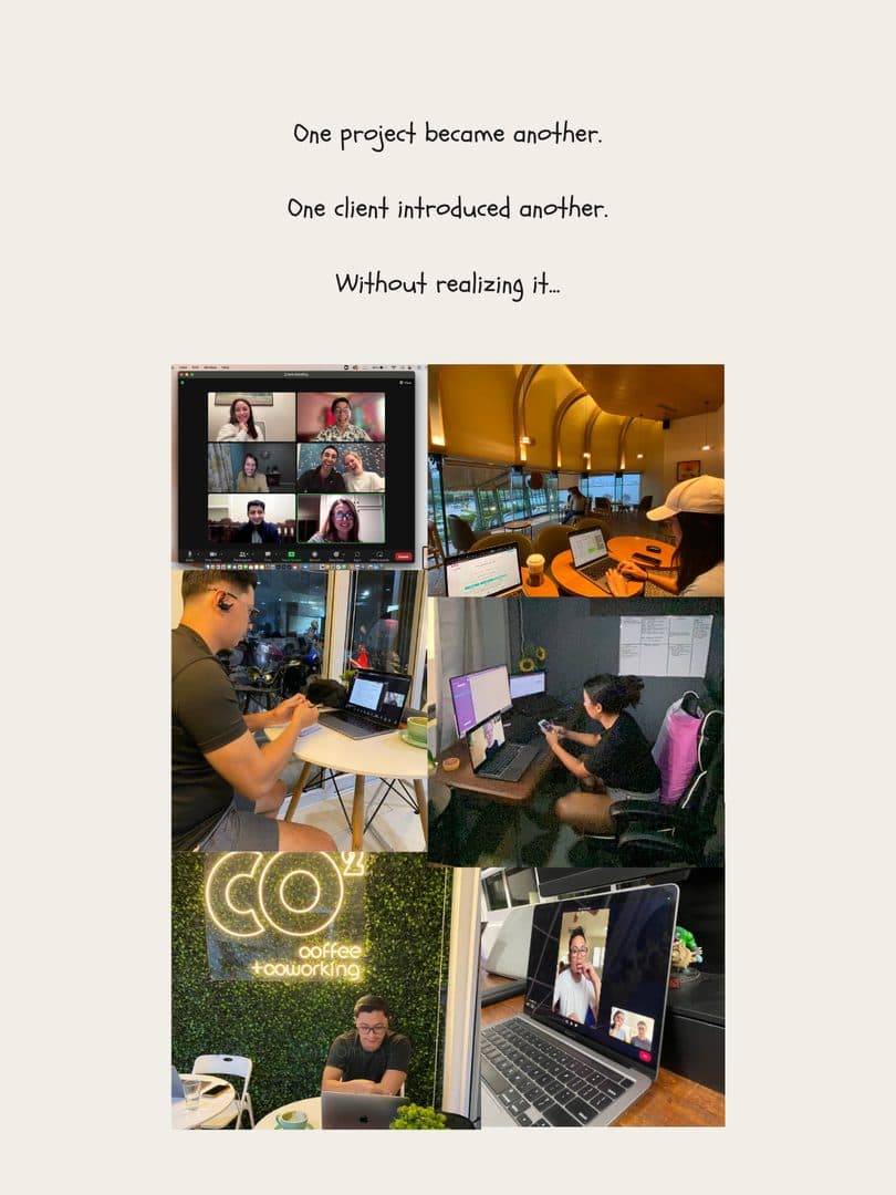 A grid of client calls, coworking spaces and late-night work sessions