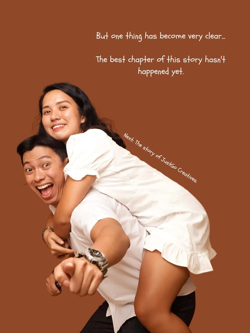 Closing slide: Godfrey giving his partner a piggyback, both laughing