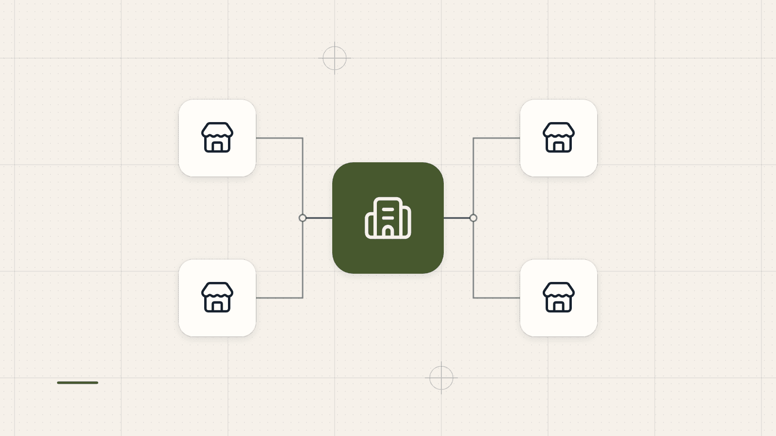 Illustration: an office building, highlighted in olive, joined by lines to a shop, a shop, a shop and a shop.