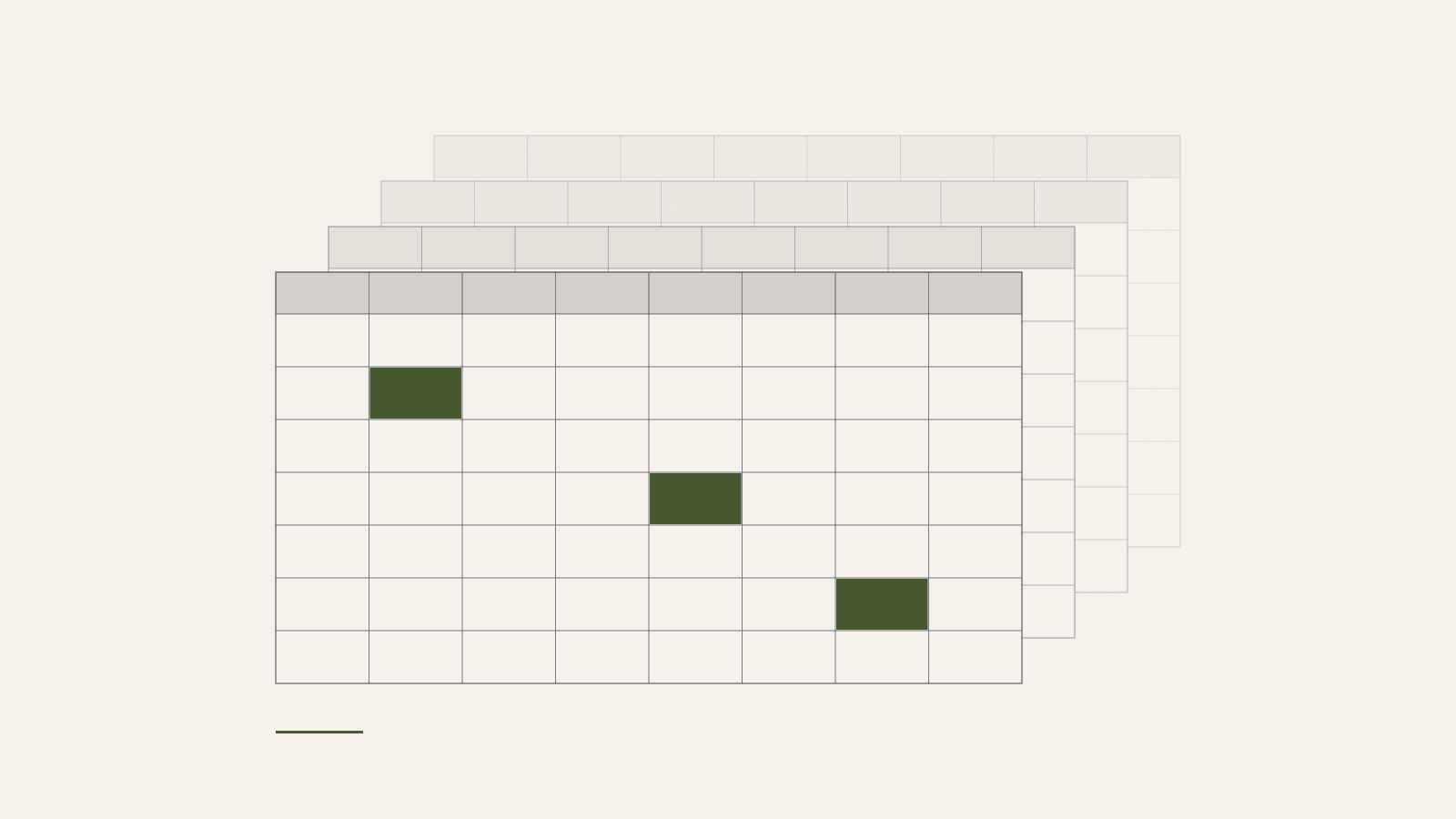 Four identical spreadsheet grids stacked and offset, one sharp in front and three fading away behind it, with three cells on the front sheet filled in green.
